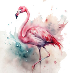 A  colored flamingo stands gracefully with one leg lifted amidst a splash of watercolor effects