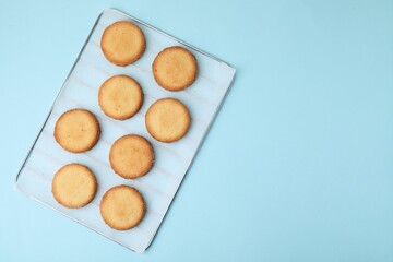 Tasty sweet sugar cookies on light blue background, top view. Space for text