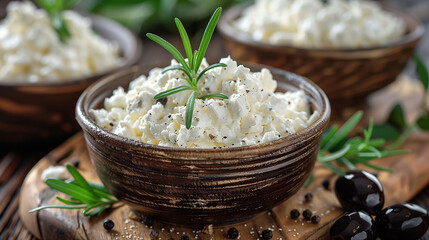 Fresh cottage cheese in a rustic ceramic bowl garnished with rosemary, accompanied by black olives and peppercorns on a wooden board, ideal for healthy eating concepts.