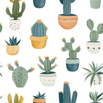 Cacti and succulents in pots, with a desert vibe. seamless