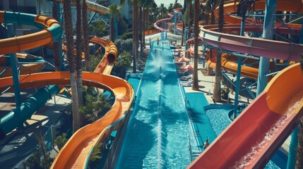 A winding waterpark slide promises excitement and fun under the sun, AI Generative.