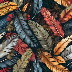 Feathers in a variety of shapes and colors on dark background. seamless 