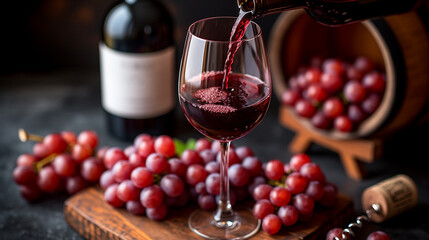  Pouring red wine into a glass and a bunch of grapes on a blurred background.