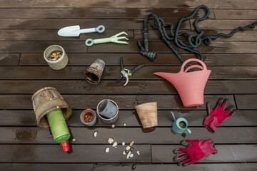 A spring day preparing to transplant and fertilize indoor plants with gardening tools, protective gloves, liquid fertilizer on a terrace with wet wooden floors