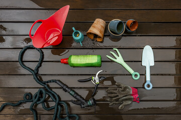 Gardening tools and accessories on a dark plank floor wet from a spring rain
