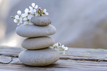 Obraz na płótnie Canvas Zen-like balance of smooth stones stacked with delicate white flowers, representing tranquility and harmony. Zen Stones with Flower Blooms Balance Concept