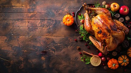 Roasted turkey centerpiece on festive table, ideal for Thanksgiving, AI Generative. - obrazy, fototapety, plakaty