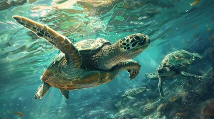 Obraz na płótnie Canvas Photorealistic depiction of turtles swimming underwater, AI Generative.