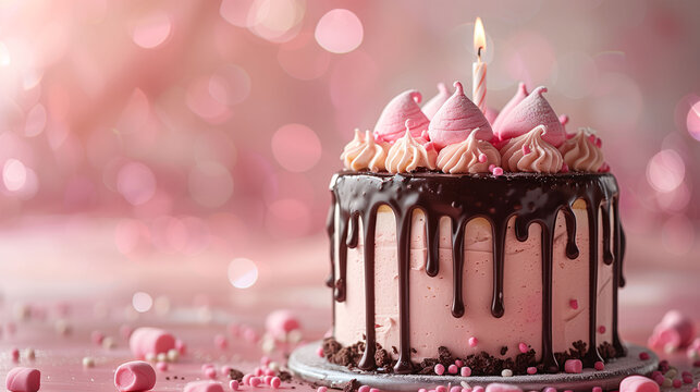 Elegant birthday cake with pink meringue kisses, dripping chocolate ganache, and a lit candle, set against a festive bokeh background.
