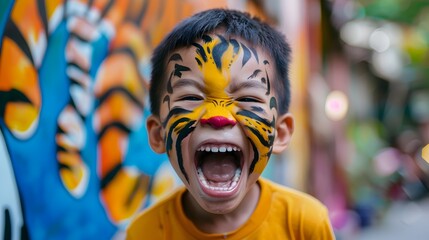 Energetic Asian Child Roaring in Vibrant Tiger Face Painting - obrazy, fototapety, plakaty