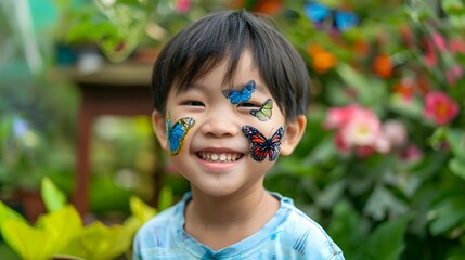 Joyful Asian Child with Butterfly Face Painting in Lush Garden