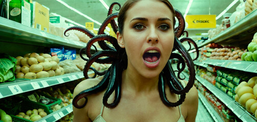 woman as monster or alien masquerading as a human, a parasite occupies and controls the human body, tentacles shoot out of the head, alien invasion of an extraterrestrial species, in the supermarket