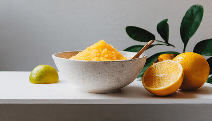 Close-up of citrus body scrub in ceramic bowl on table. Homemade natural cosmetics.