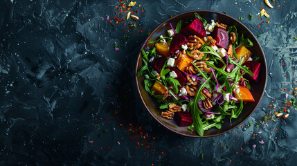 a colorful vegetable salad with beets, arugula, nuts, and feta cheese, presented in a handmade pottery dish, Generative AI