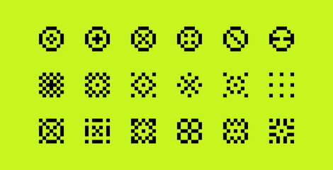  Abstract graphic element set. Y2k trendy playful pixels stickers. Trendy retro futuristic shapes. 90's aesthetics. 8-bit retro style illustration. Geometric design