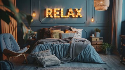cozy bedroom with the word "RELAX" in light-up marquee letters on the wall above the bed, surrounded by soft, modern linens and decor