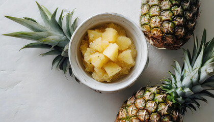 Pineapple body scrub in ceramic bowl on table. Homemade natural cosmetics. Organic product.