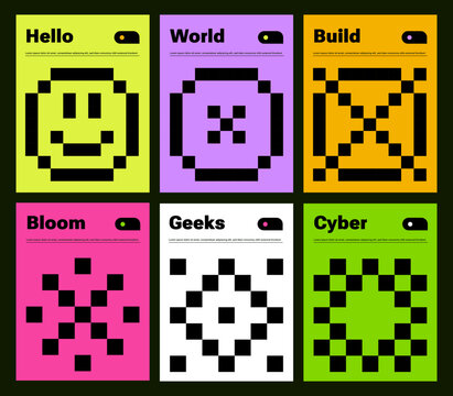 Retro cyber minimal geometric prints. Neo brutalism, Glitch effects, Op-art illusion. Neon color, Black grid. Brutal Vaporwave posters, Cyberpunk aesthetic, modern graphic design. QR Barcode, icons 
