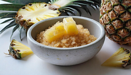 Pineapple body scrub in ceramic bowl on table. Homemade natural cosmetics. Organic product.
