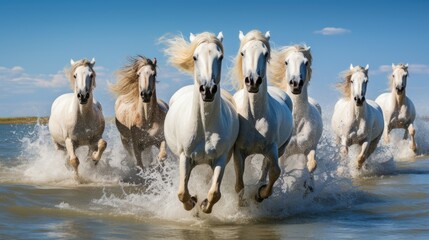 Herd of white horses running in water