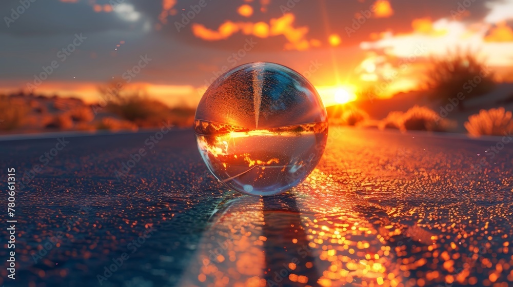 Wall mural a festive 3d vector representation of a christmas glass ball reflecting a scenic road at sunset