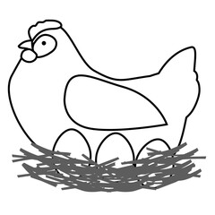 Line drawing of a hen holding eggs in the nest