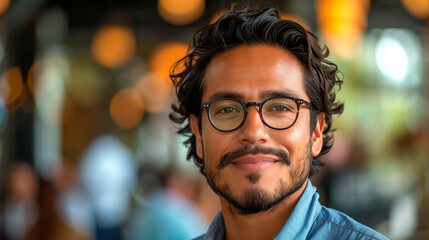 Creative Hispanic male with glasses, Casual professional in urban cafe