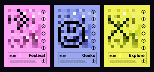 Abstract retro futuristic pixelated print for event. Blurred Cyber rave posters, Y2k Trendy naive illustration. Pixels icons. Invite to festival. Flyer design template with geometry elements. Gentle