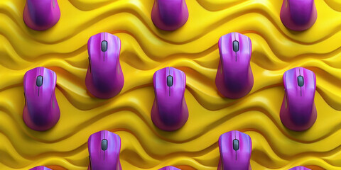Colorful Purple and Pink Computer Mice on Vibrant Yellow and Purple Background Displayed in Group