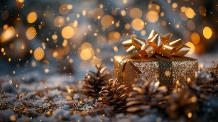 A festive gift adorned with golden ribbons and pine cones