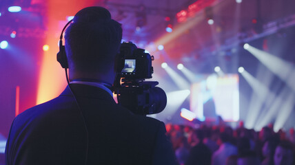 The filmmaker is recording and broadcasting live concerts on camcorders. 


