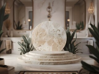 marble podium display for Spa product presentation with blurred luxury bathroom background