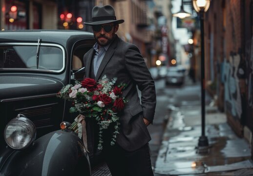 Gangster standing next to his car with flowers in his hand