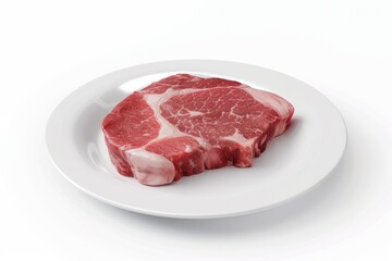 Fototapeta premium A single raw ribeye steak with marbled fat on a plain white ceramic plate. Raw Ribeye Steak on White Ceramic Plate