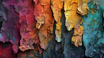 A vibrant abstract design with the textured appearance of bark, creating a visually rich scene through contrasting colors