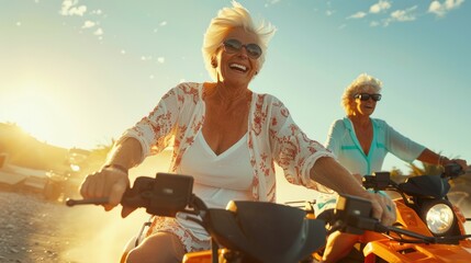 Happy Senior women friends drive quad bikes on the beach - obrazy, fototapety, plakaty