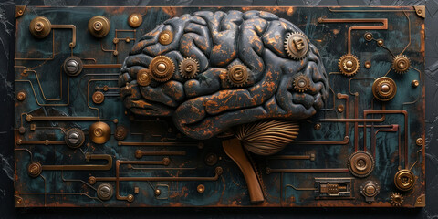 Innovative metal sculpture featuring a brain encased in intricate gears and mechanical parts on dark background
