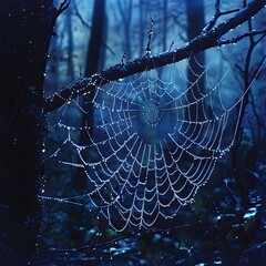 Dew Covered Spider Web in Misty Forest