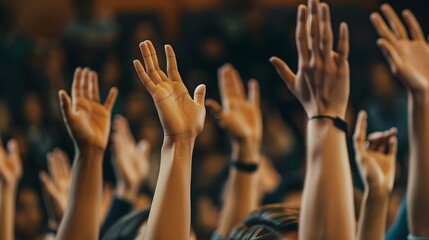 Raised Hands in Lecture Hall Expressing Ambition and Thirst for Learning - obrazy, fototapety, plakaty