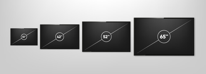 TV Screen Sizes. Smart TV icon collection. Diagonal screen size in 32, 42, 52 and 65 inches. Computer monitor. Vector illustration.