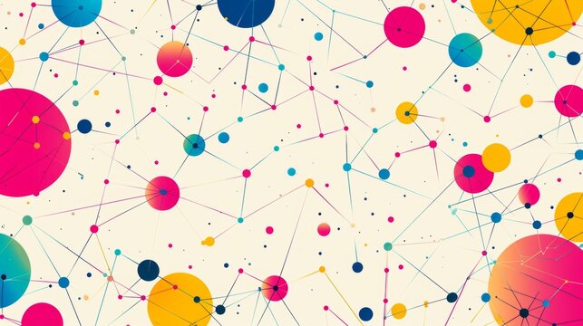 A lively geometric pattern with colorful dots and connecting lines
