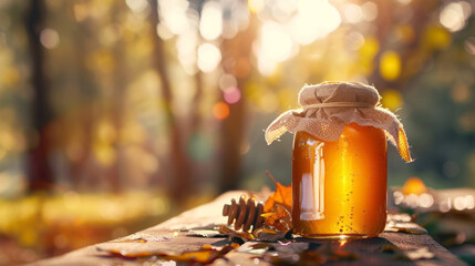 golden honey in a glass jar on the table in light-colored copy space for text - obrazy, fototapety, plakaty