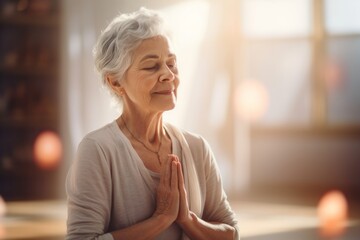 Portrait of elderly woman sits in the lotus position meditating in a yoga studio. Mental and spiritual health development at any age	