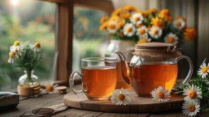 Cozy morning tea time in a sunlit garden with a transparent teapot on a wooden table surrounded by fresh daisies, with warm sunlight filtering through the greenhouse windows. - obrazy, fototapety, plakaty