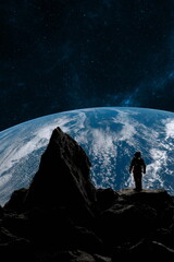 Astronaut stands on a foreign planets surface, looking towards Earth against a backdrop of stars. 3d render