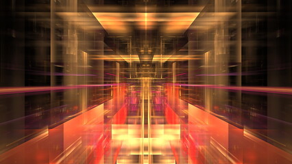 Symmetrical light streaks create an illusion of depth within a dark, mirrored passageway. 3d render
