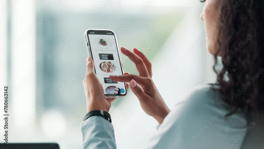 Poster phone, screen and hands of woman with food order on website with scroll, choice and decision. mobile