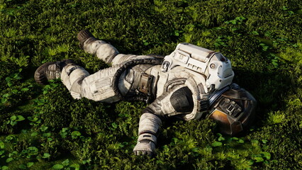 Astronaut in full gear relaxes on a bed of vibrant green vegetation under clear skies. 3d render