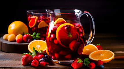Homemade red wine sangria with orange, apple, strawberry and ice in pitcher and glass on rustic wooden background