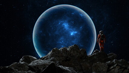 Astronaut observes a massive blue planet while perched on a rocky outcrop against the backdrop of a starry sky. 3d render